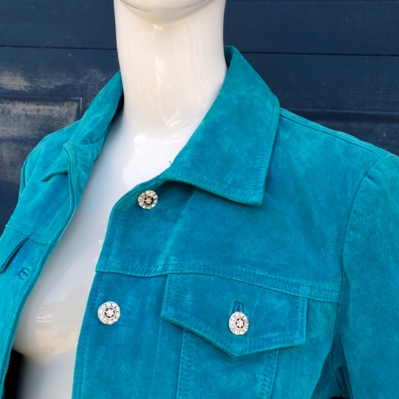 Yvonne Marie Womens Jacket Turquoise Leather Suede Rhinestone Buttons Lined